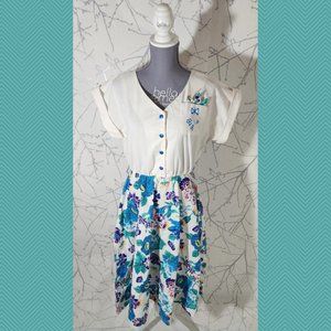 Leslie Belle VTG White & Blue Floral Printed A-Line Midi Dress